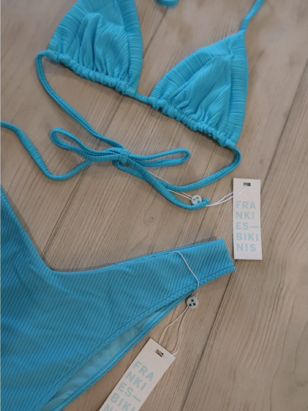 Frankies Bikinis Turquoise Ribbed Triangle Bikini Enzo Bottom Sky Plisse Top